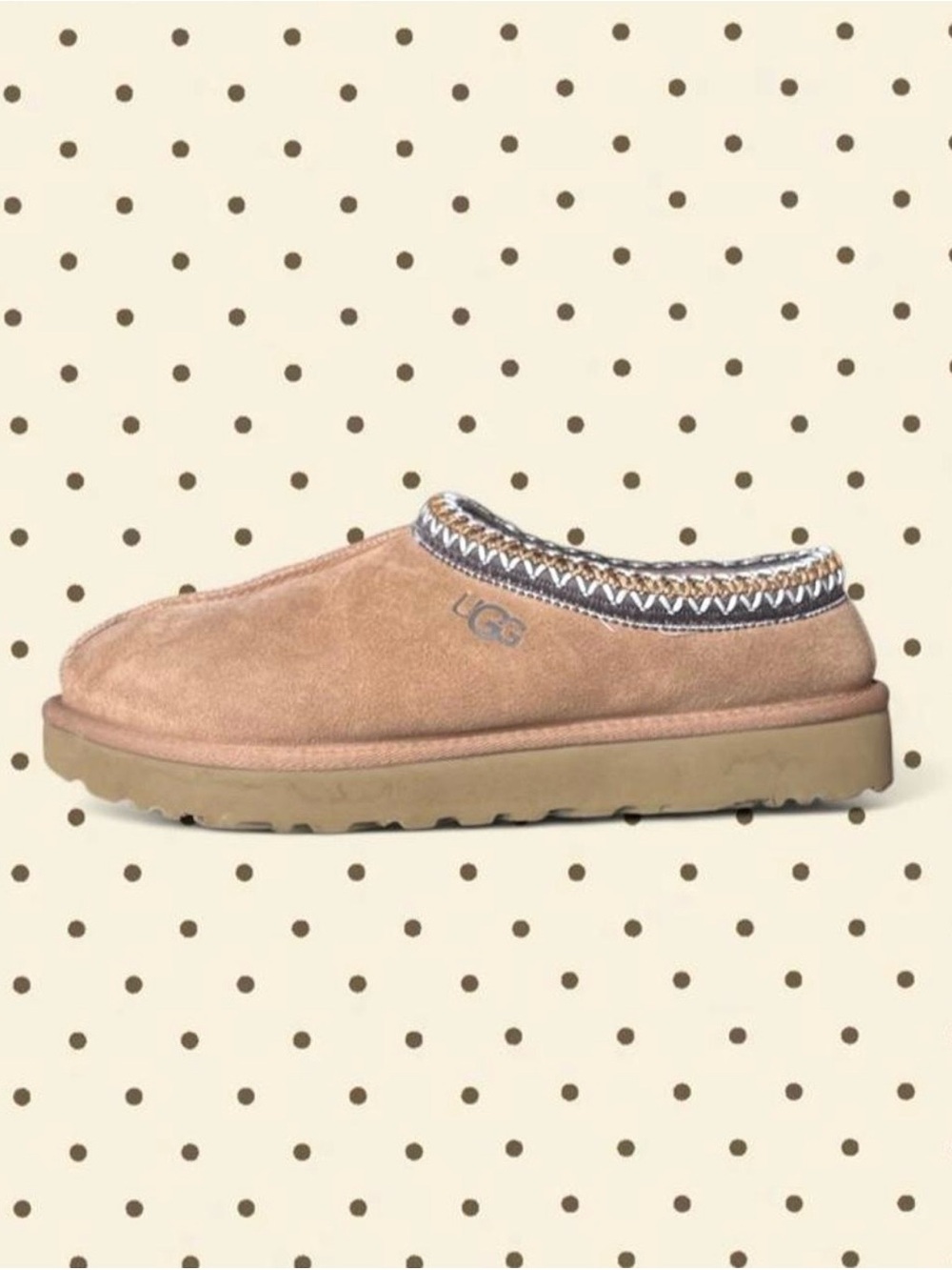UGG women’s Tan Suede Slip-On Slipper with Patterned Collar